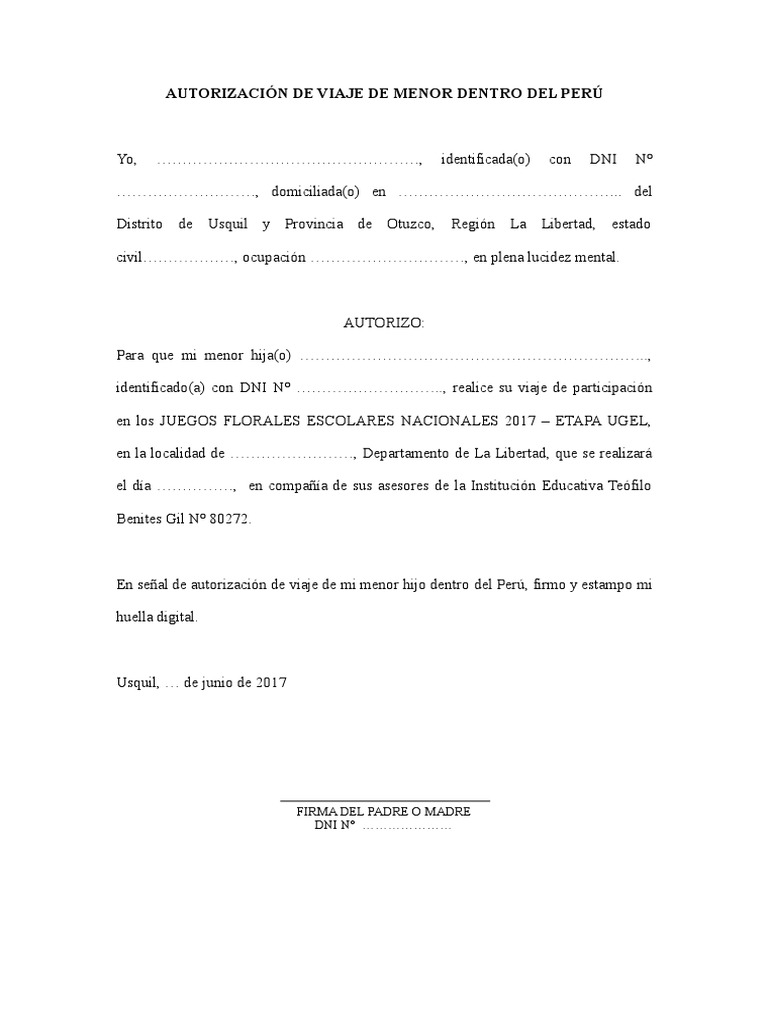 Autorización para Viaje de Menor Modelo PDF