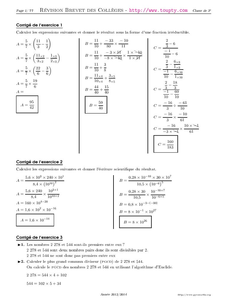 Exercices Fractions 3ème Avec Corrigés exercices-calcul-3eme-3-corrige.pdf | Probabilité | Probabilité et