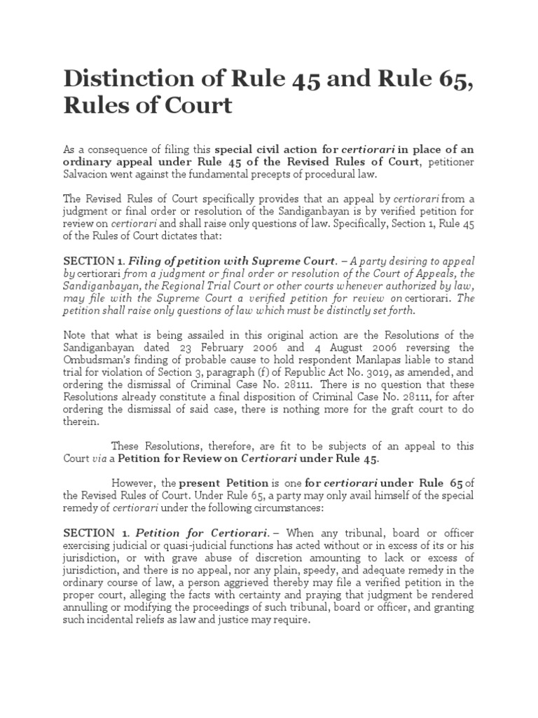 Rule 45 vs Rule 65: Key Distinctions | PDF | Certiorari | Jurisdiction