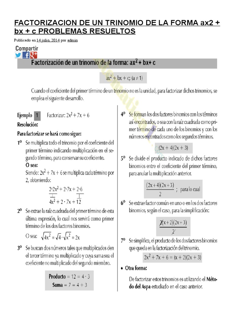 Factorizacion De Un Trinomio De La Forma Ax2