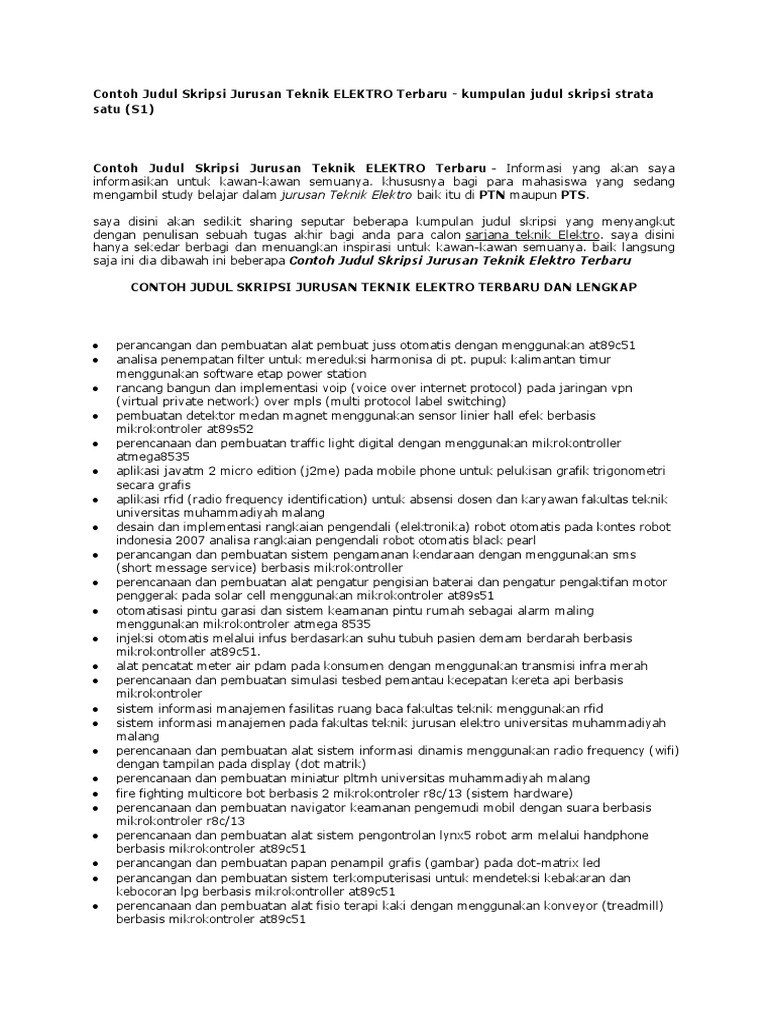 Contoh Judul Skripsi Jurusan Teknik ELEKTRO Terbaru PDF
