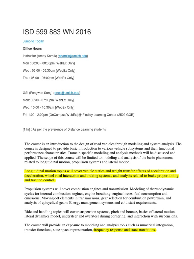 ISD 599-003B W16 Syllabus Modeling and Analysis of Vehicle Systems ...