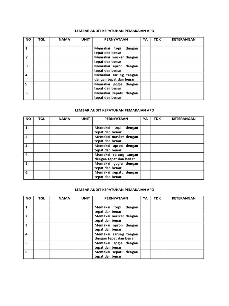 Lembar Audit Kepatuhan Pemakaian Apd Pdf