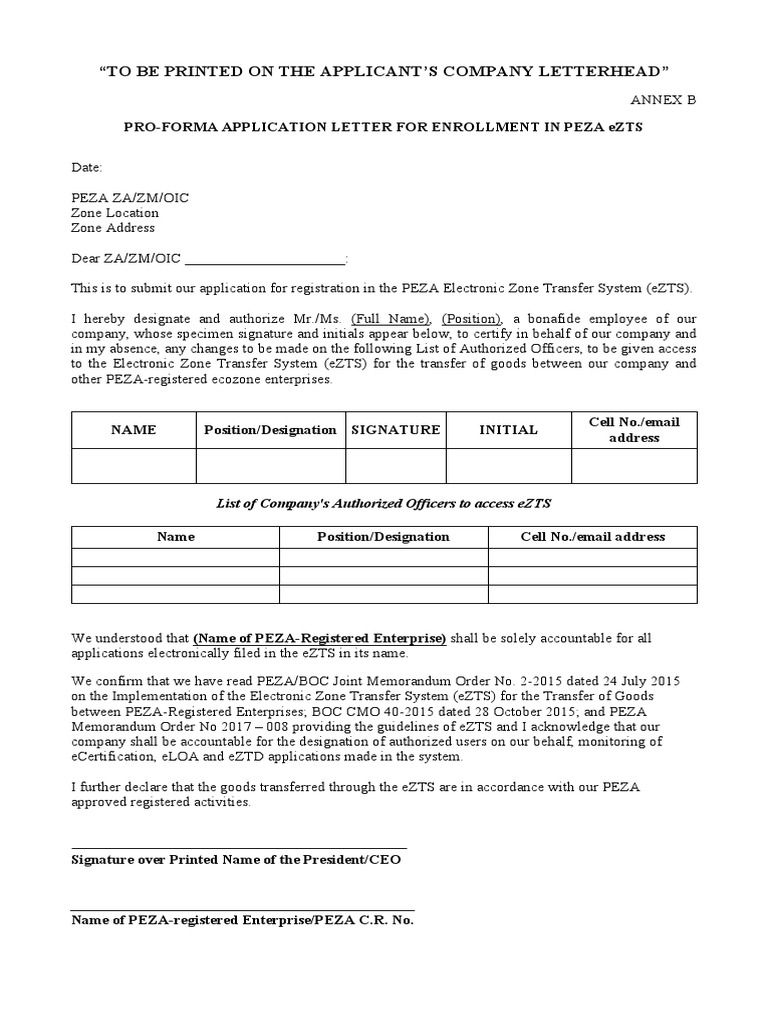 Pro-Forma Application Letter for Enrollment in PEZA Electronic Zone ...