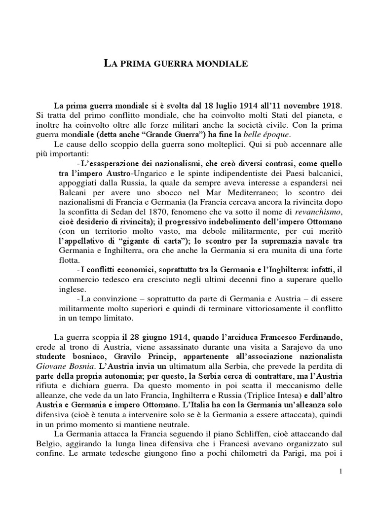 La Prima Guerra Mondiale (Riassunto)