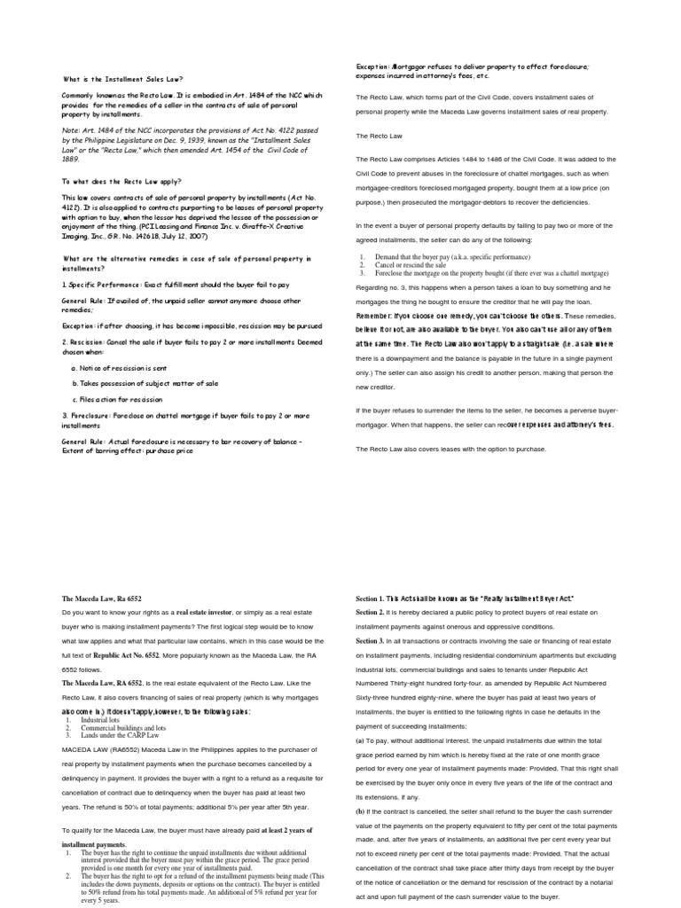 Recto and Maceda Law Overview | PDF | Foreclosure | Mortgage Law