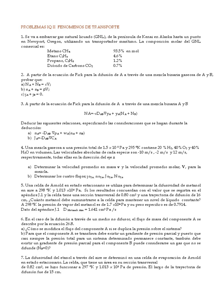 Problemas de Transporte de Gases y Difusión | PDF | Gas natural licuado ...
