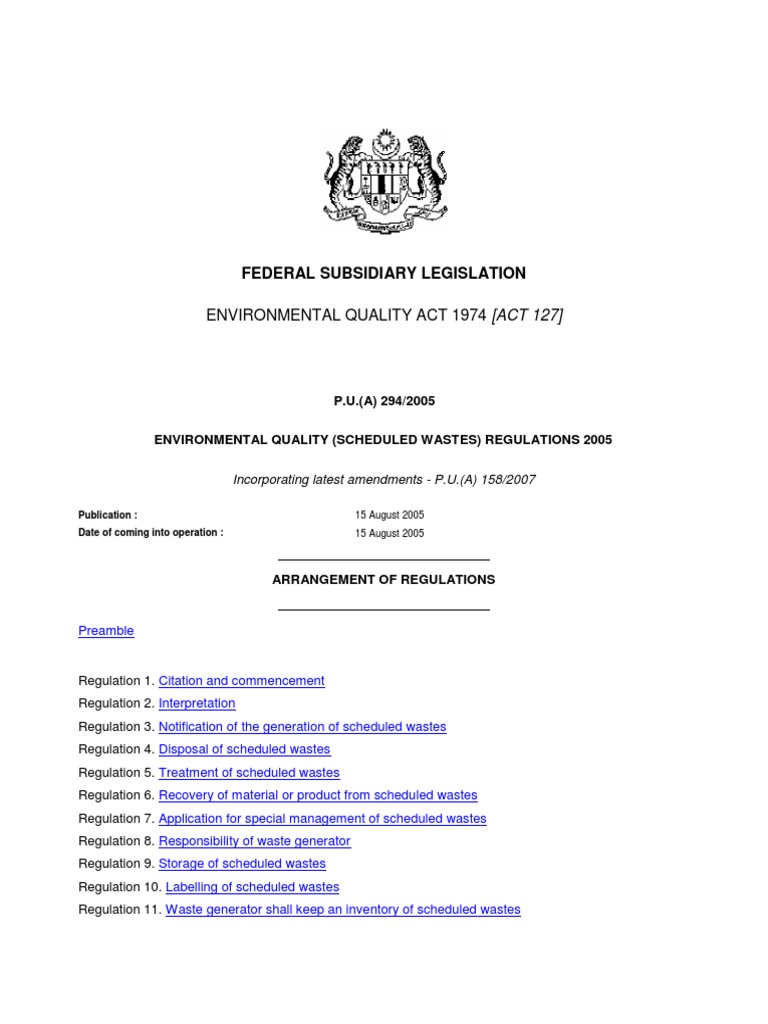 Environmental Quality (Scheduled Wastes) Regulations 2005 P.U. (A