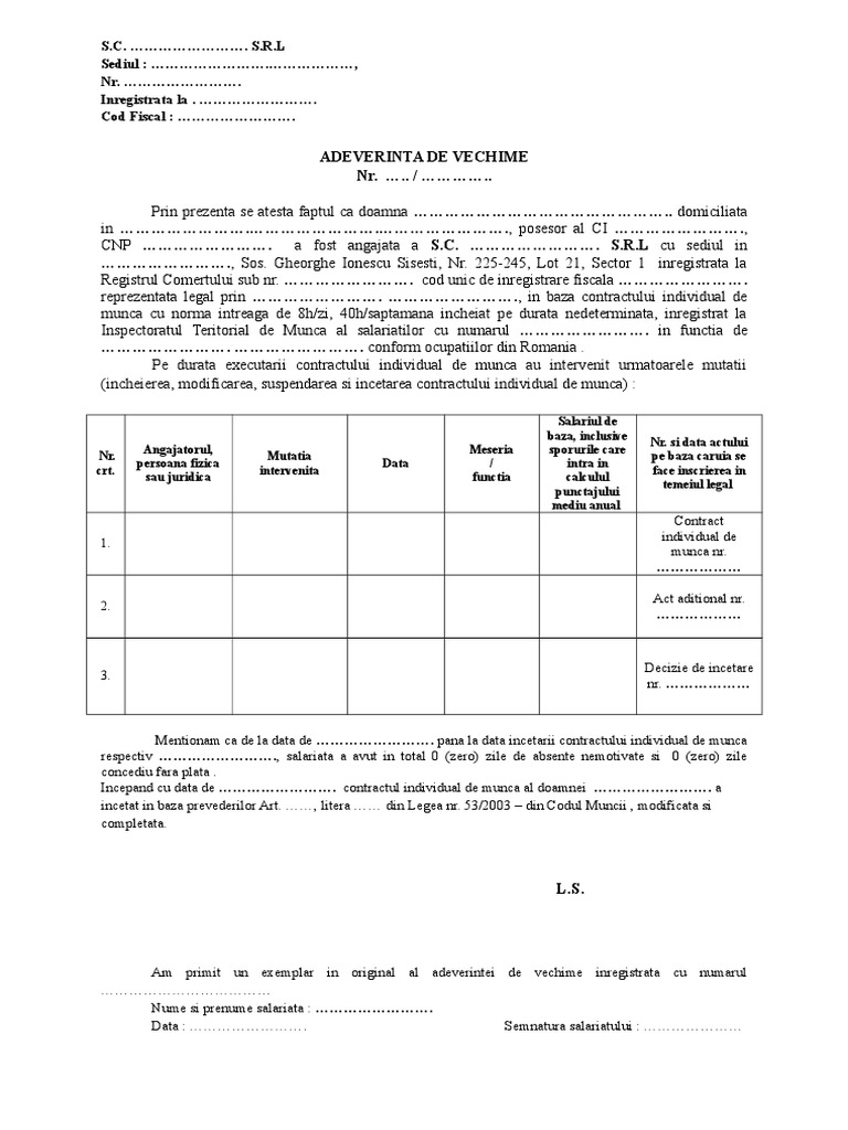 Adeverinta Vechime In Munca