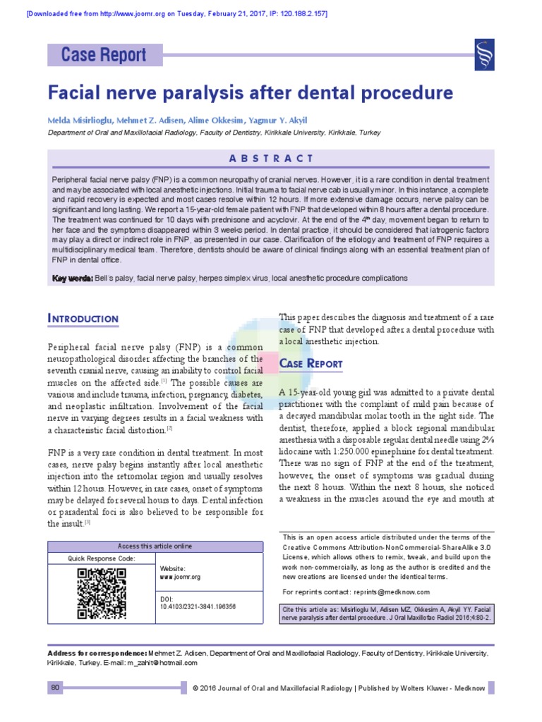 Facial Nerve Paralysis After Dental Procedure | PDF | Dentistry ...