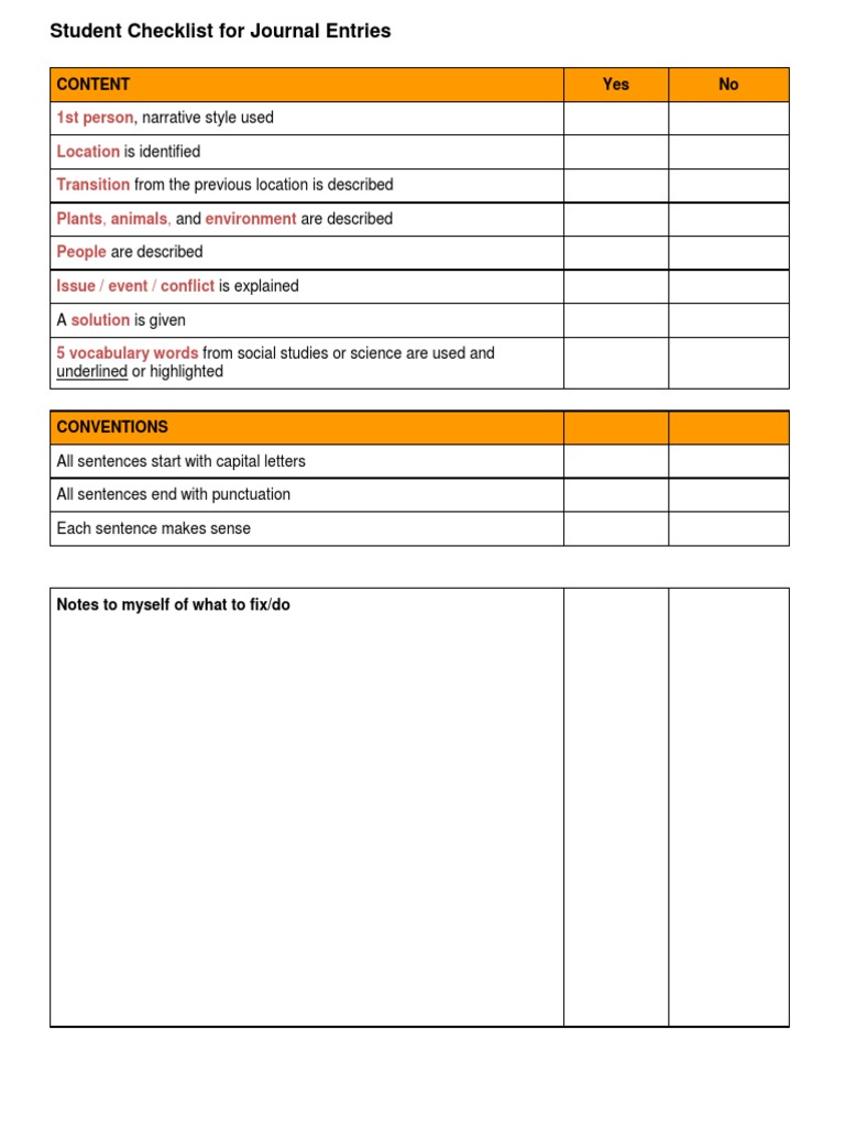 Student Journal Entry Checklist | PDF | Language Arts & Discipline ...