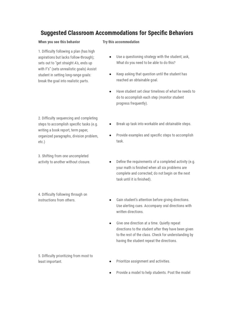 Suggested Classroom For Specific Behaviors PDF