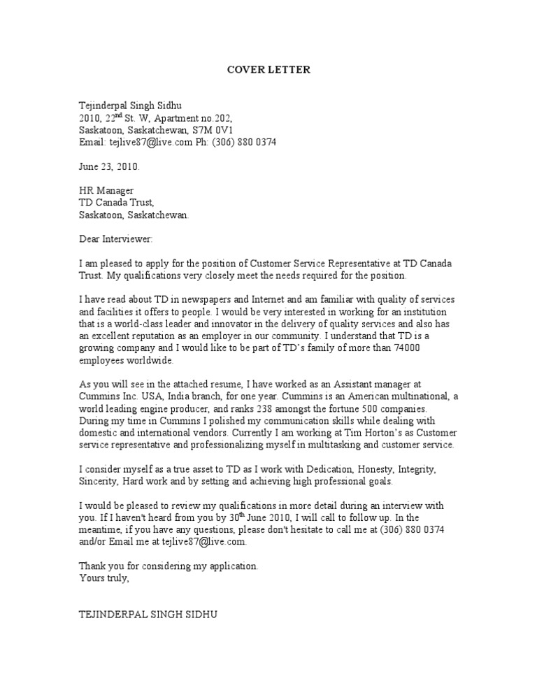 Cover Letter TD | PDF | Communication | Business