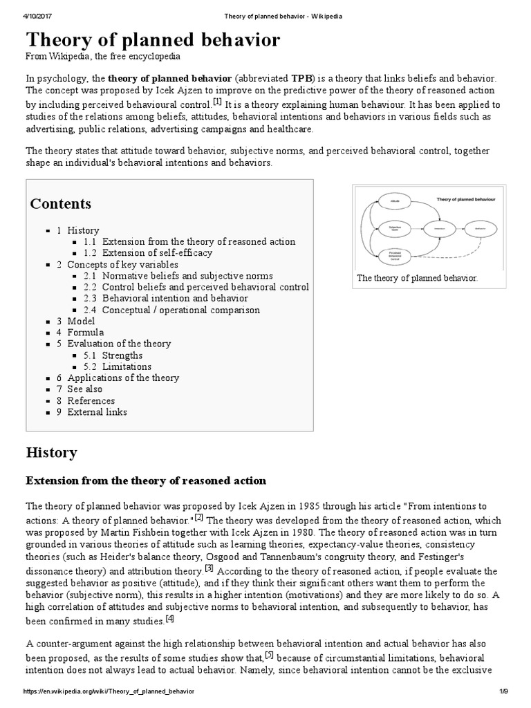 Theory of Planned Behavior - Wikipedia | PDF | Self Efficacy | Attitude ...