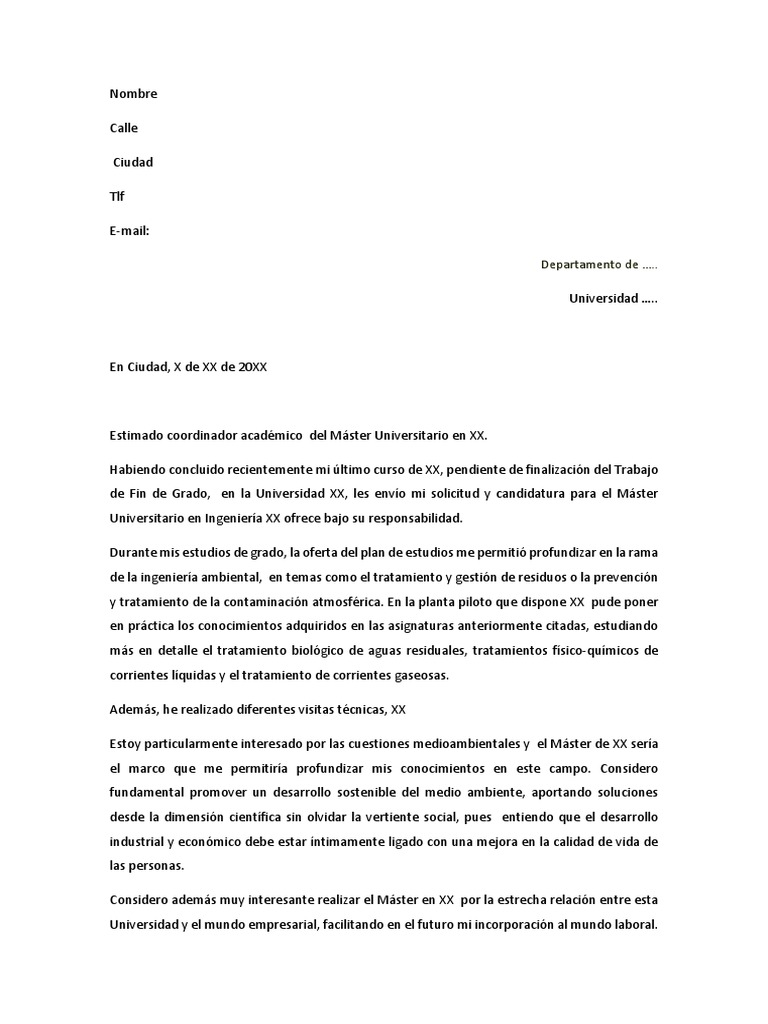 Carta de Motivación Master Ingenieria