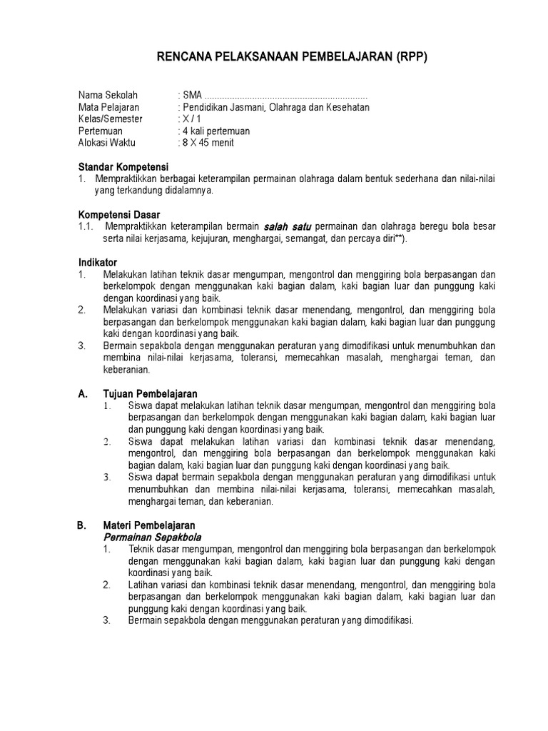 Rpp Penjas Kelas X Semester 1 Doc