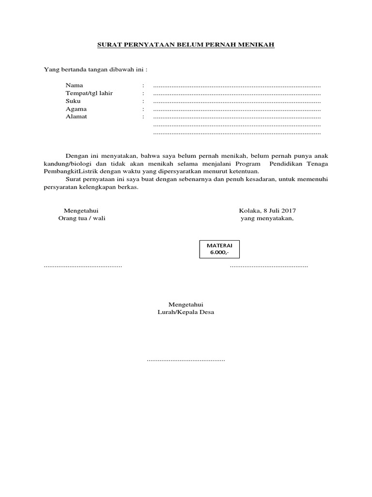 Surat Pernyataan Belum Pernah Menikah