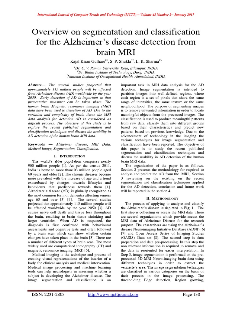 Overview On Segmentation and Classification For The Alzheimer's Disease ...