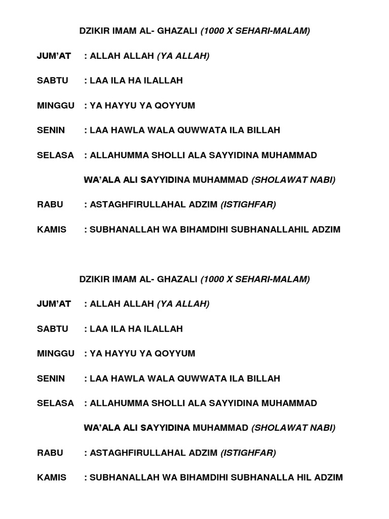 Dzikir Imam Al Ghazali