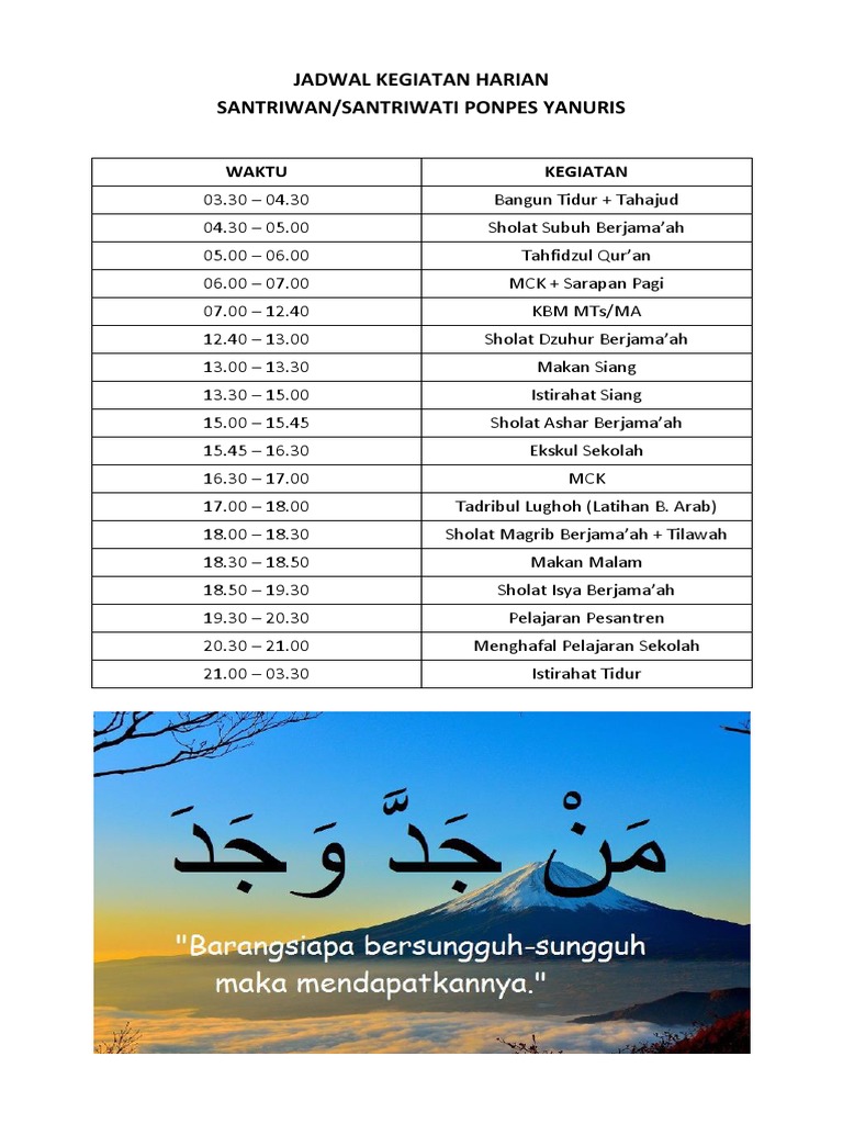 Jadwal Kegiatan Harian Ponpes