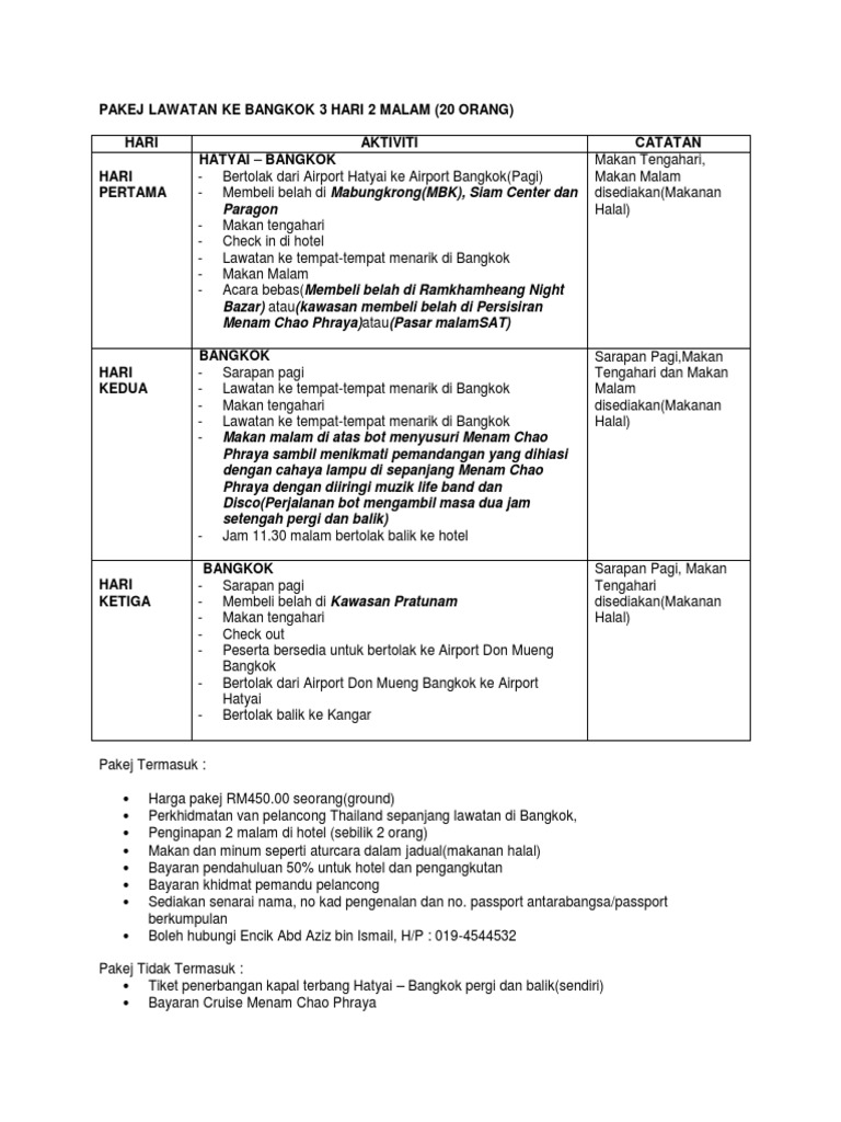 Pakej Lawatan Ke Bangkok Ipg Perlis 3 Hari 2 Malam Pdf