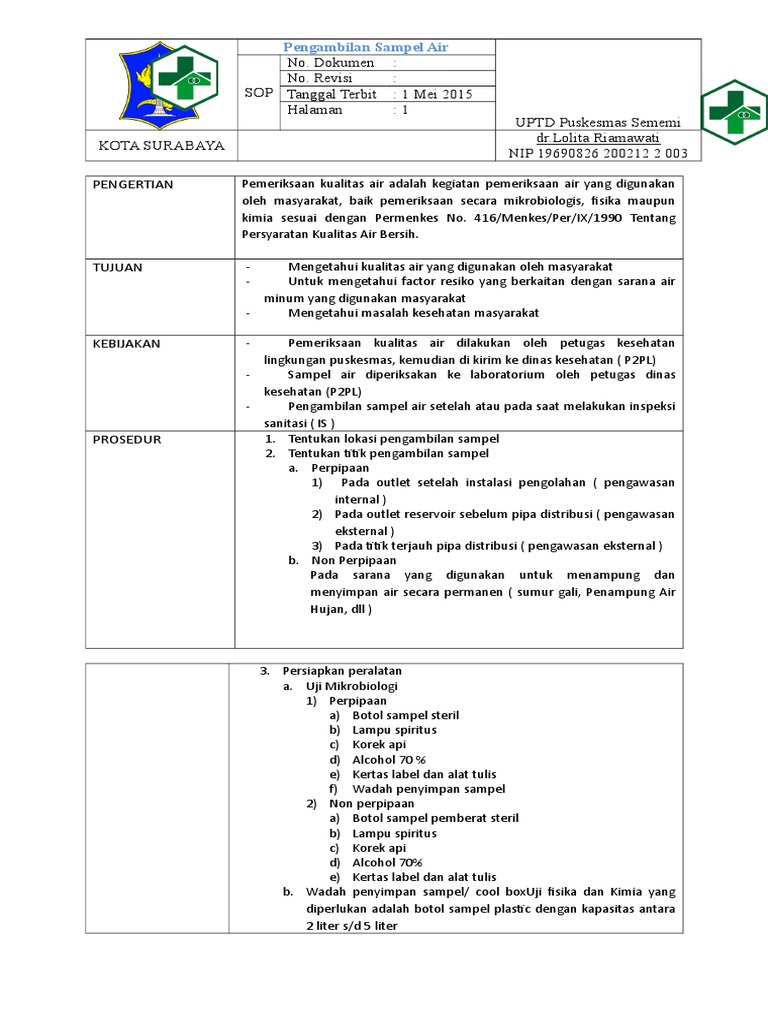 Sop Pengambilan Sampel Air