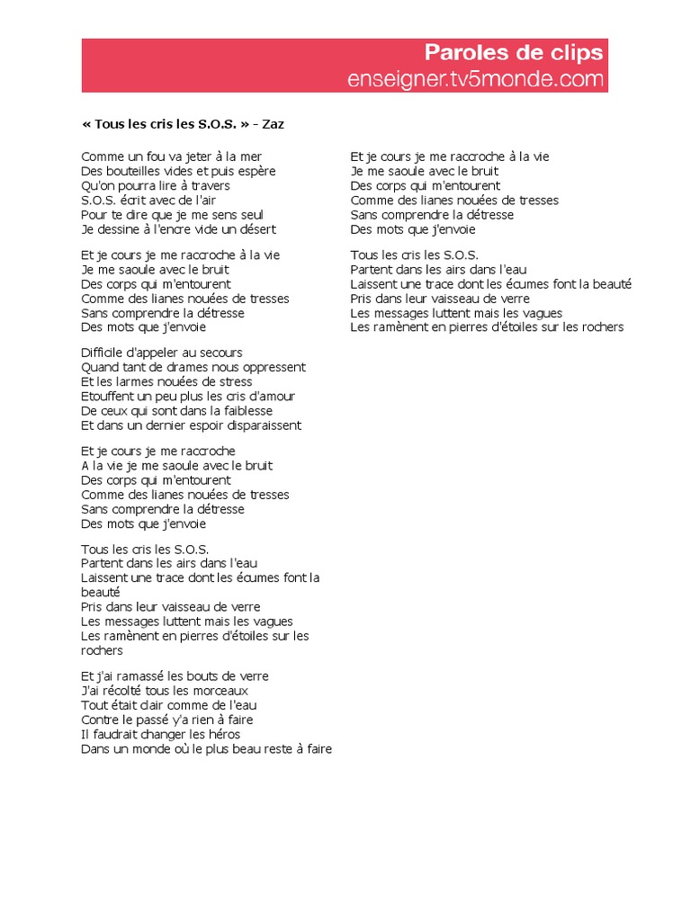 Zaz Tous Les Cris Les S o s Paroles PDC Zaz Touslescrislessos Paroles | PDF