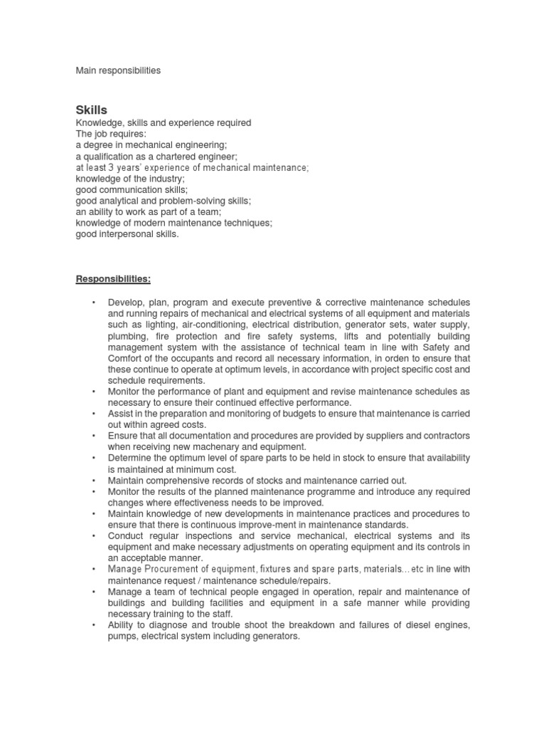 Main Responsibilities PDF Fire Safety Mechanical Engineering