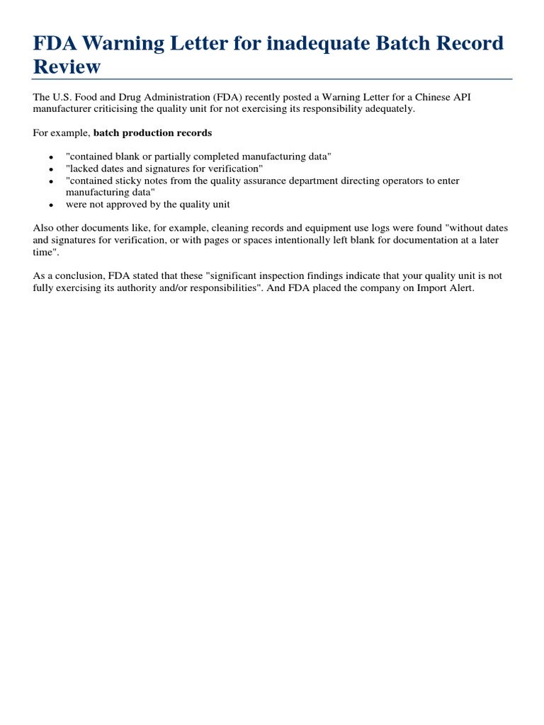 Fda Warning Letter For Inadequate Batch Record Review – GWXSJ