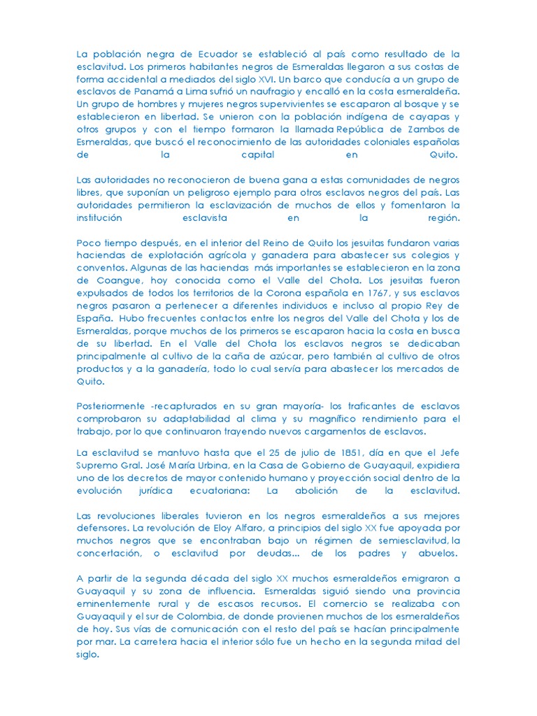 Llegada de afroecuatorianos a Esmeraldas | PDF | Esclavitud | Ecuador
