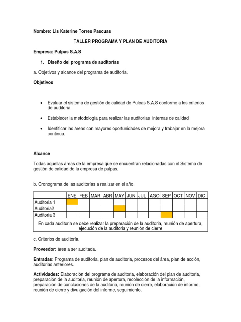 Programa y Plan de Auditoría en Pulpas S.A.S | PDF | Contralor ...