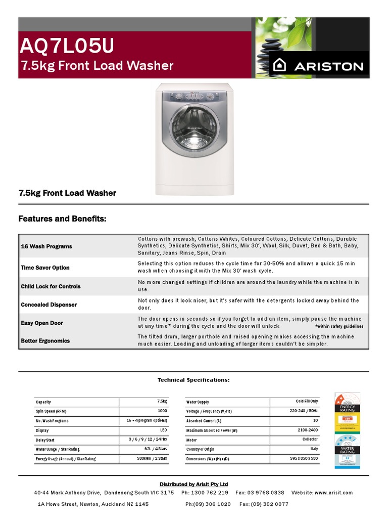 AQ7L05U Specification Sheet PDF Washing Machine Electrical