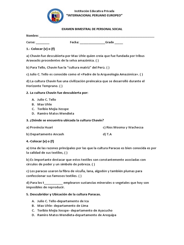 Examen Bimestral Personal 5to | PDF | Arqueologia De Las Americas | Era ...