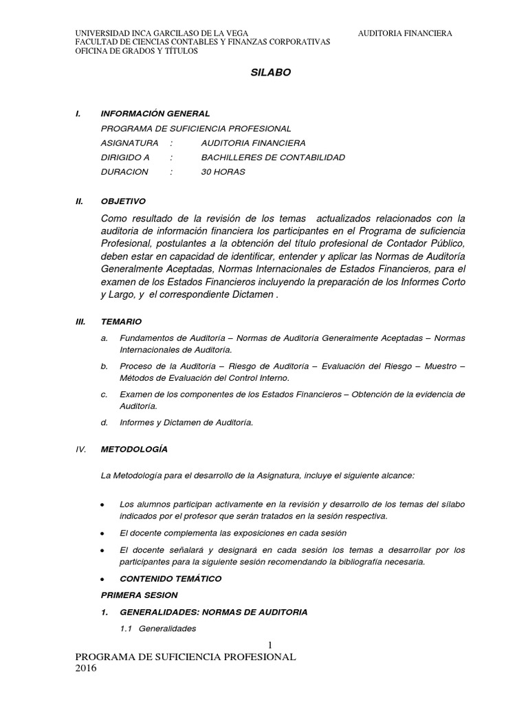 Silabo de Auditoría Financiera 2016 | PDF | Auditoría financiera | Contador