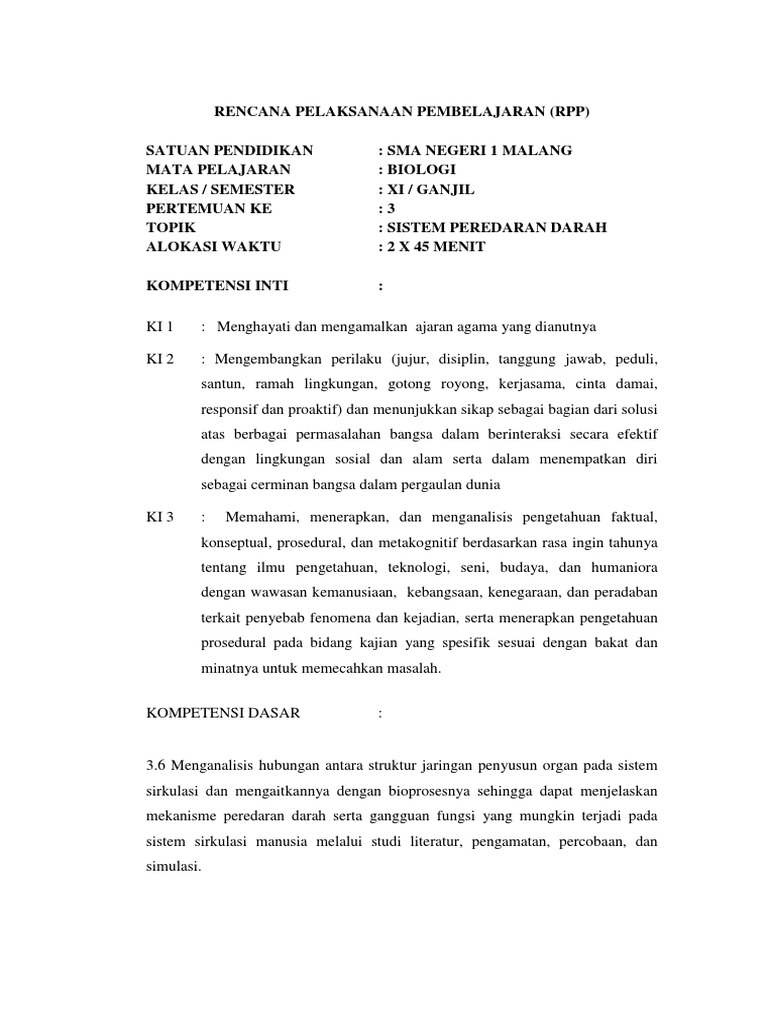 Rpp Sistem Peredaran Darah Rpp Sistem Peredaran Darah