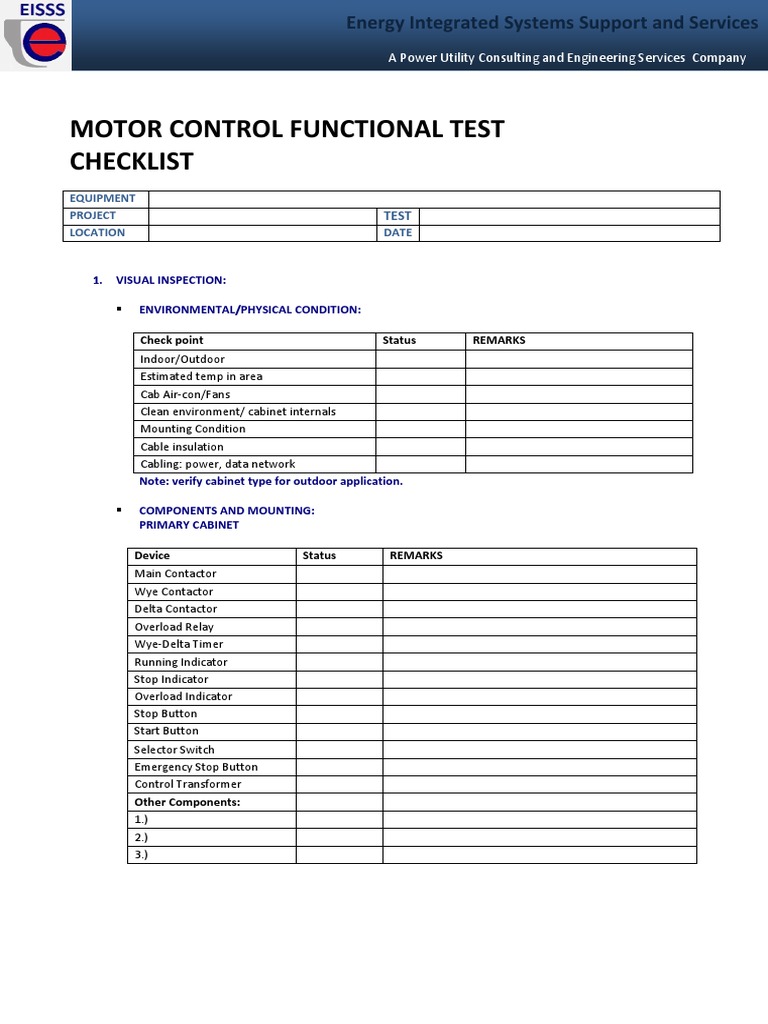 Motor Control Functional Test Checklist: Equipment Project Location ...