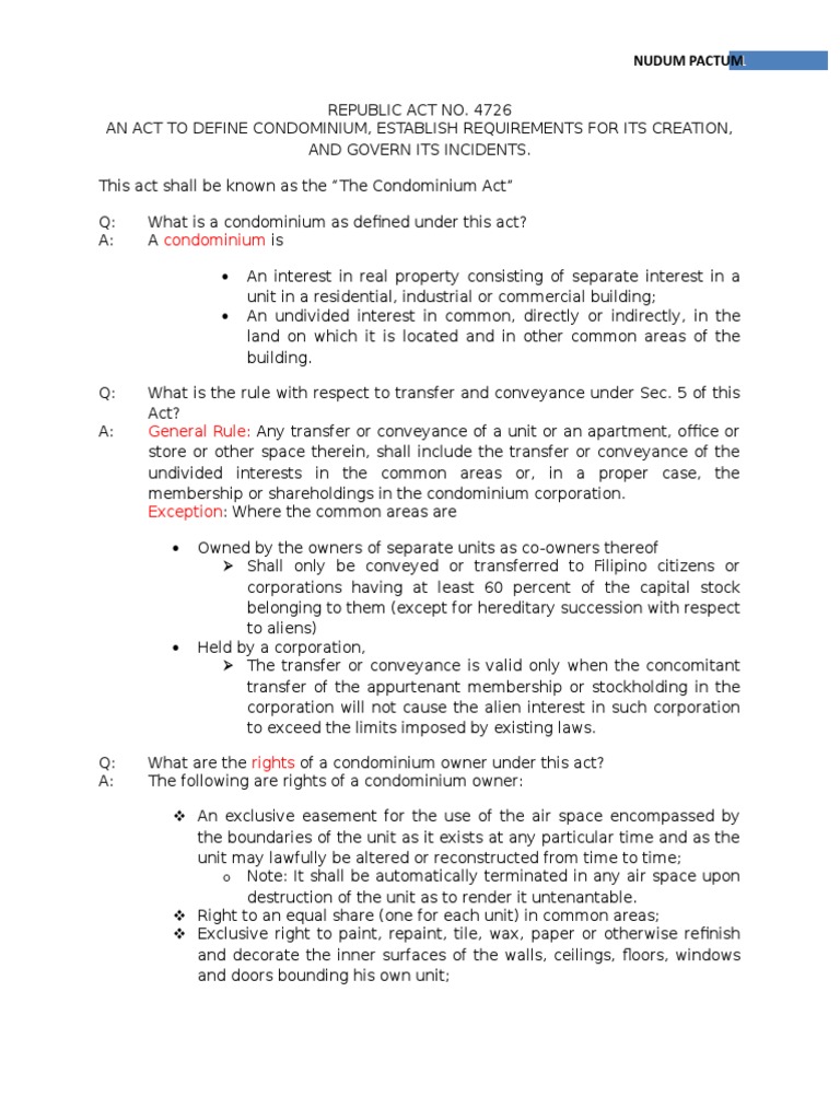 Condominium Act Summary Condominium Ownership