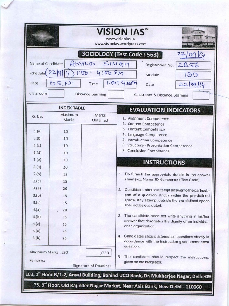 Topper Answer Booklet 1 - Sociology (Rank - 10, 2014) - Arvind Singh ...