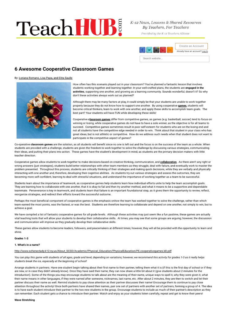 6 Awesome Cooperative Classroom Games TeachHUB PDF Critical