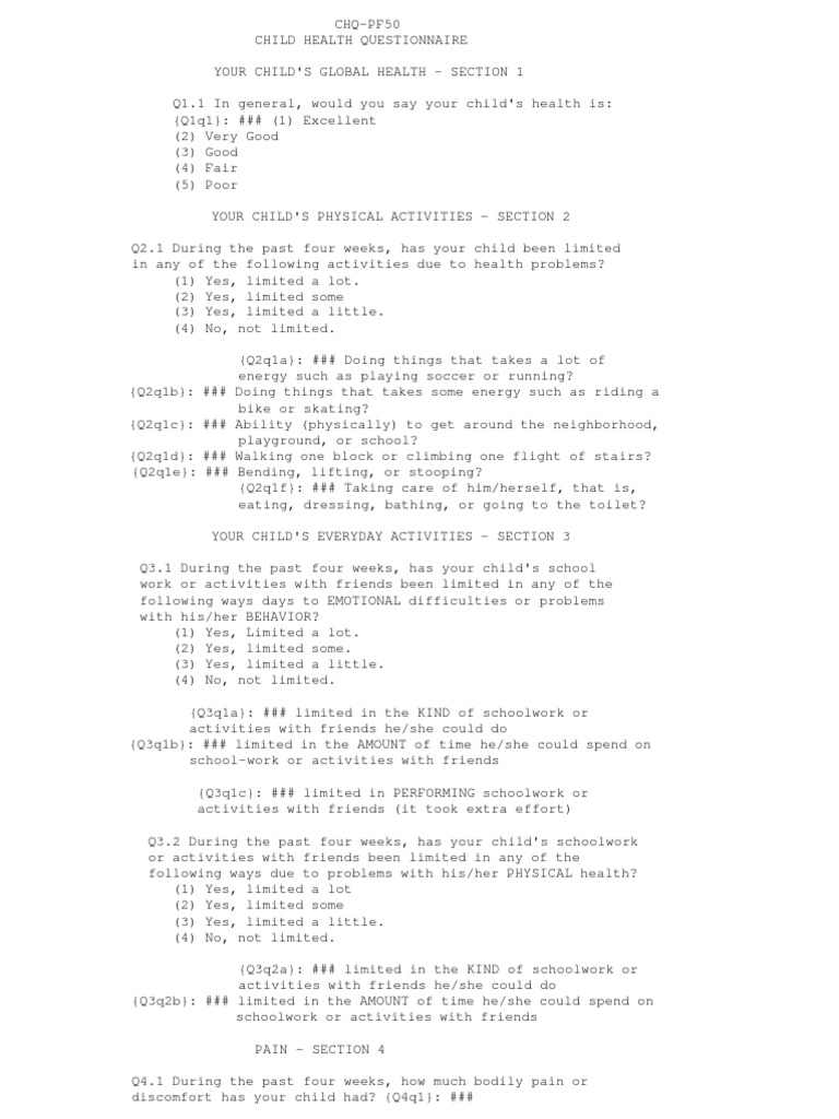 Child Health Questionnaire PDF PDF Chronic Condition Hearing Loss