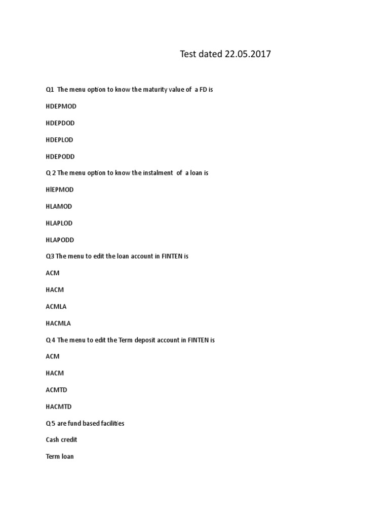 Banking and Finacle Test | PDF | Loans | Credit (Finance)