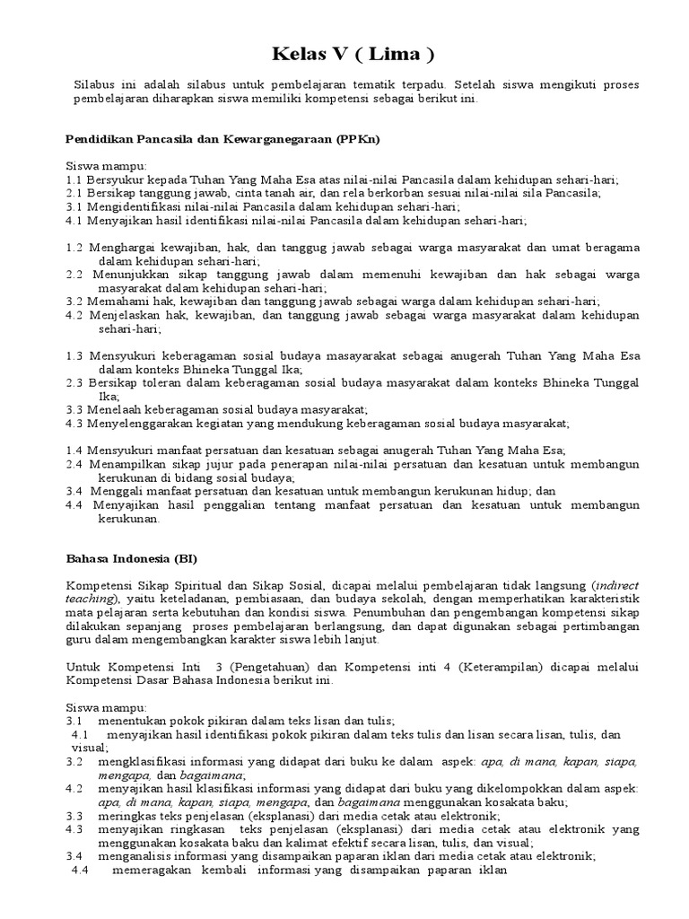 Silabus Kelas V Revisi 2017