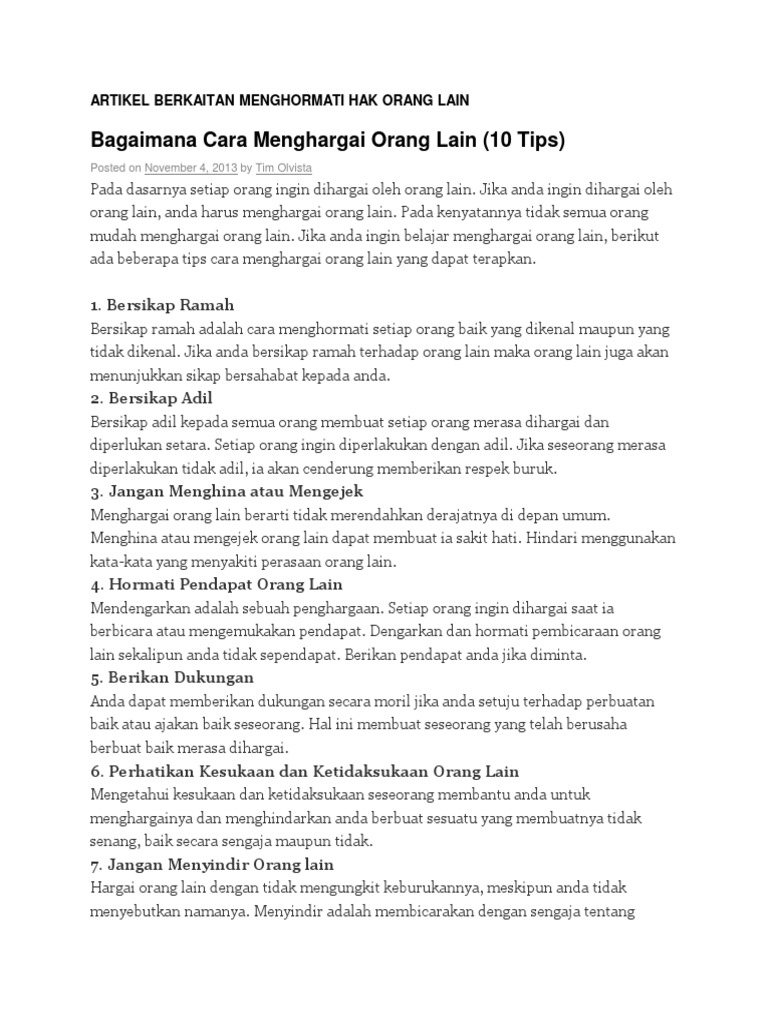 Artikel Menghormati Hak Org Lain Berbudaya Cemerlang