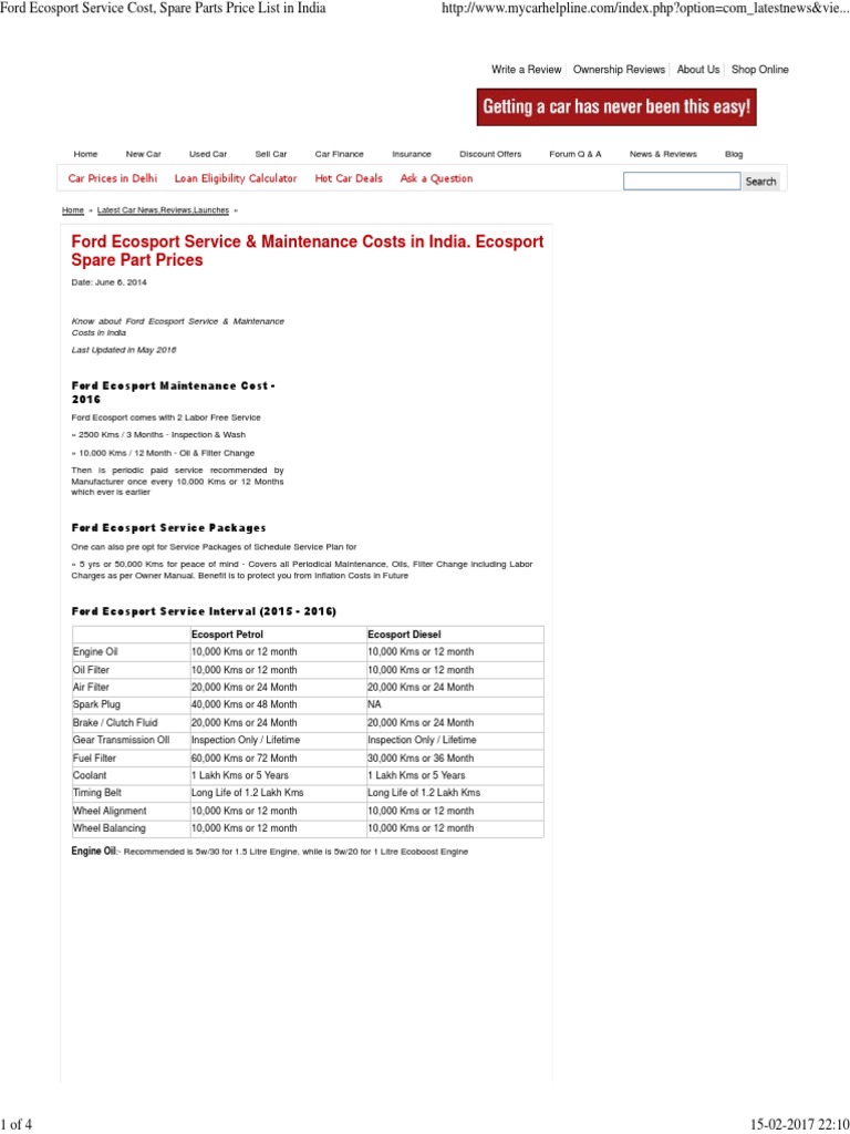Ford Ecosport Service Cost India