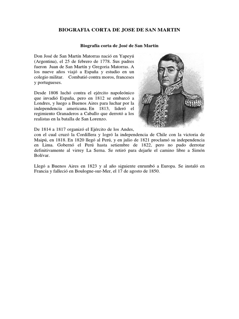 Biografia Corta de Jose de San Martin