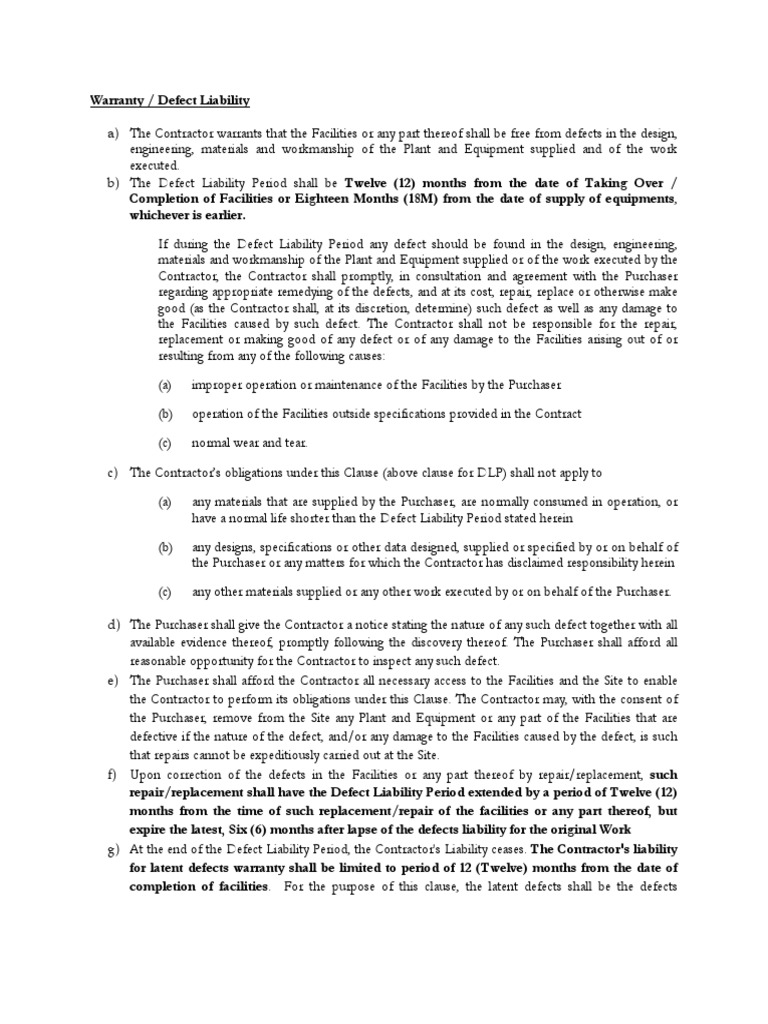 Warranty And Defect Liability Period For Service Contract Indemnity Contract Law
