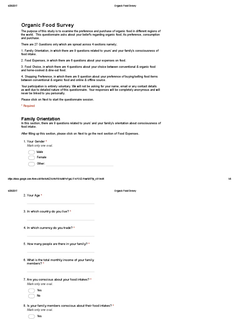Organic Food Survey Questioneir Survey Methodology Organic Foods