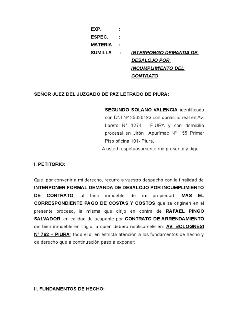 Demanda de Desalojo Por Incumplimiento de Contrato | PDF | Propiedad |  Demanda judicial