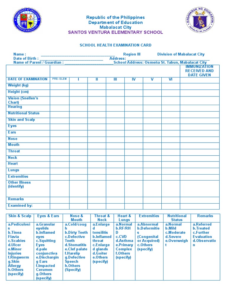 Elementary Health Card Medical Specialties Diseases And Disorders