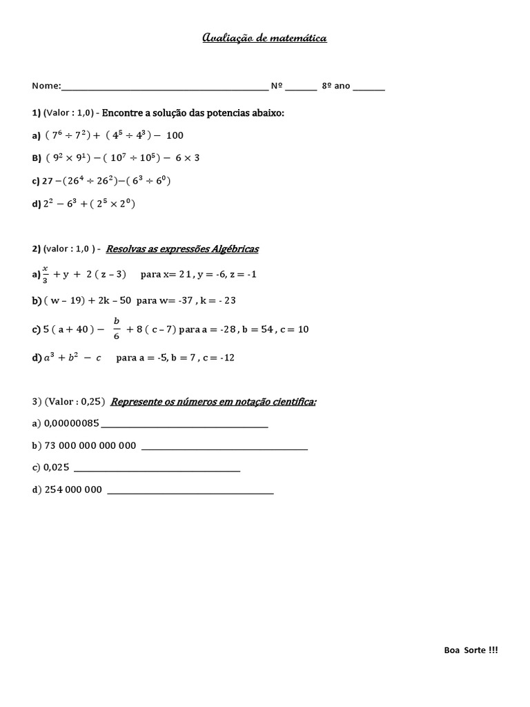 Operações em Notação Científica worksheet